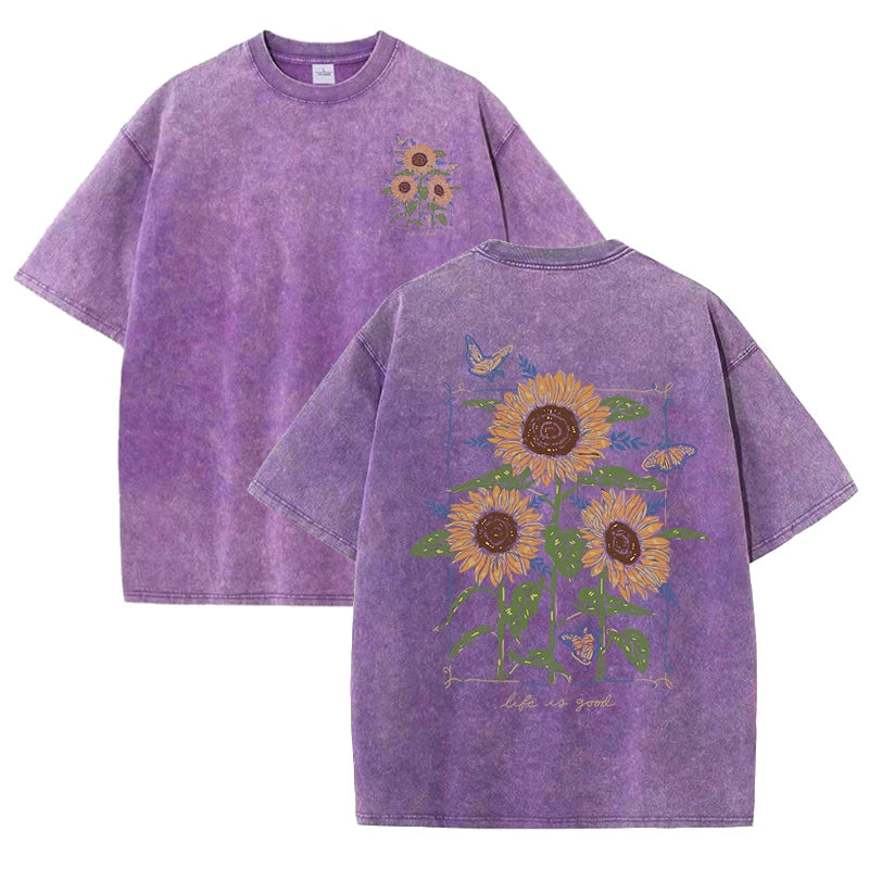 Lift Is Good Beautiful Sunflower Print Washed T Shirts Women Soft Cotton T-Shirt Street Creative Short Sleeve Summer Casual Tops