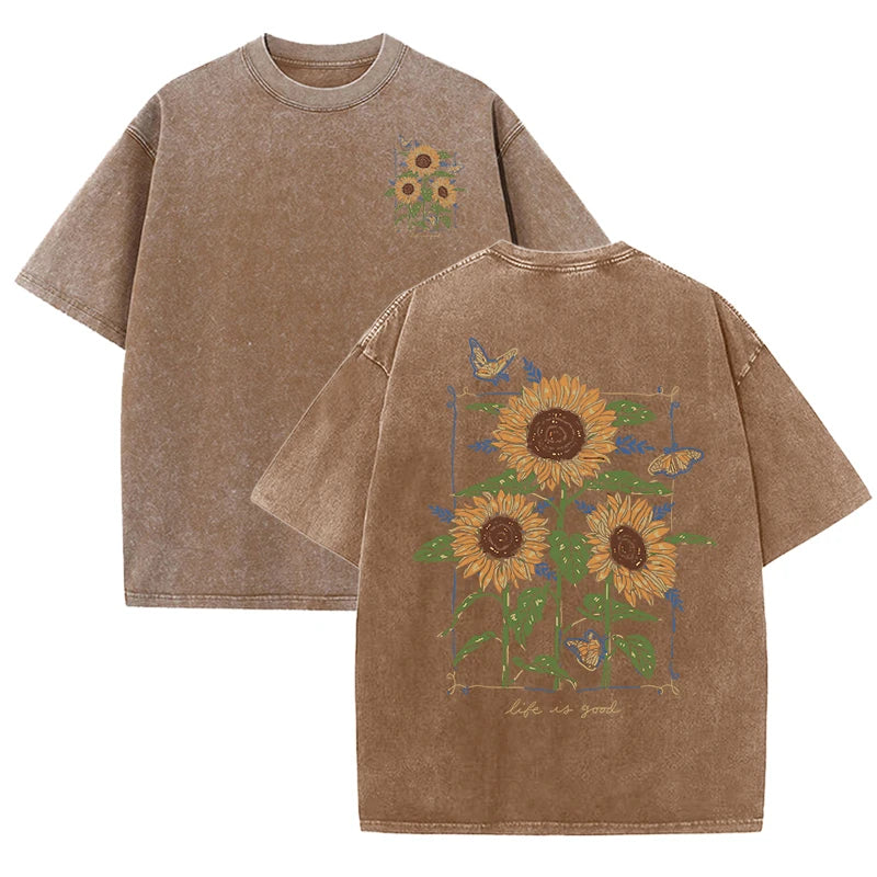 Lift Is Good Beautiful Sunflower Print Washed T Shirts Women Soft Cotton T-Shirt Street Creative Short Sleeve Summer Casual Tops